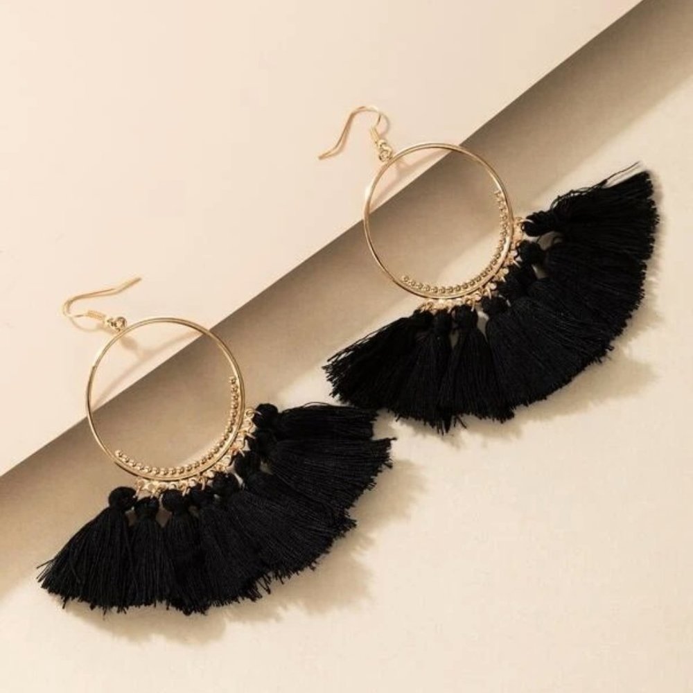 NEW Black‎ Fringe Tassel Round Drop Earrings Boho